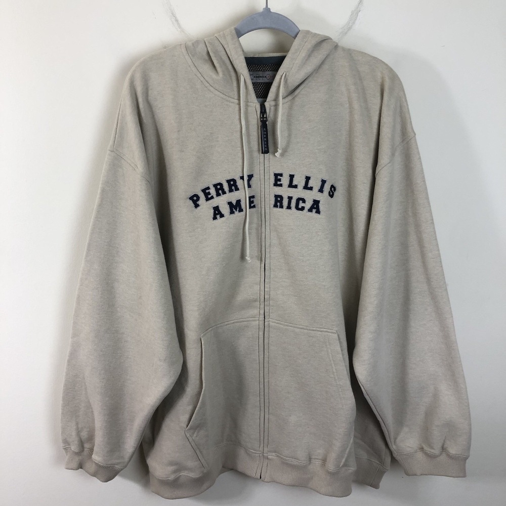 Perry Ellis America Active Full Zip Hooded Sweatshirt Men's Sz XL Beige